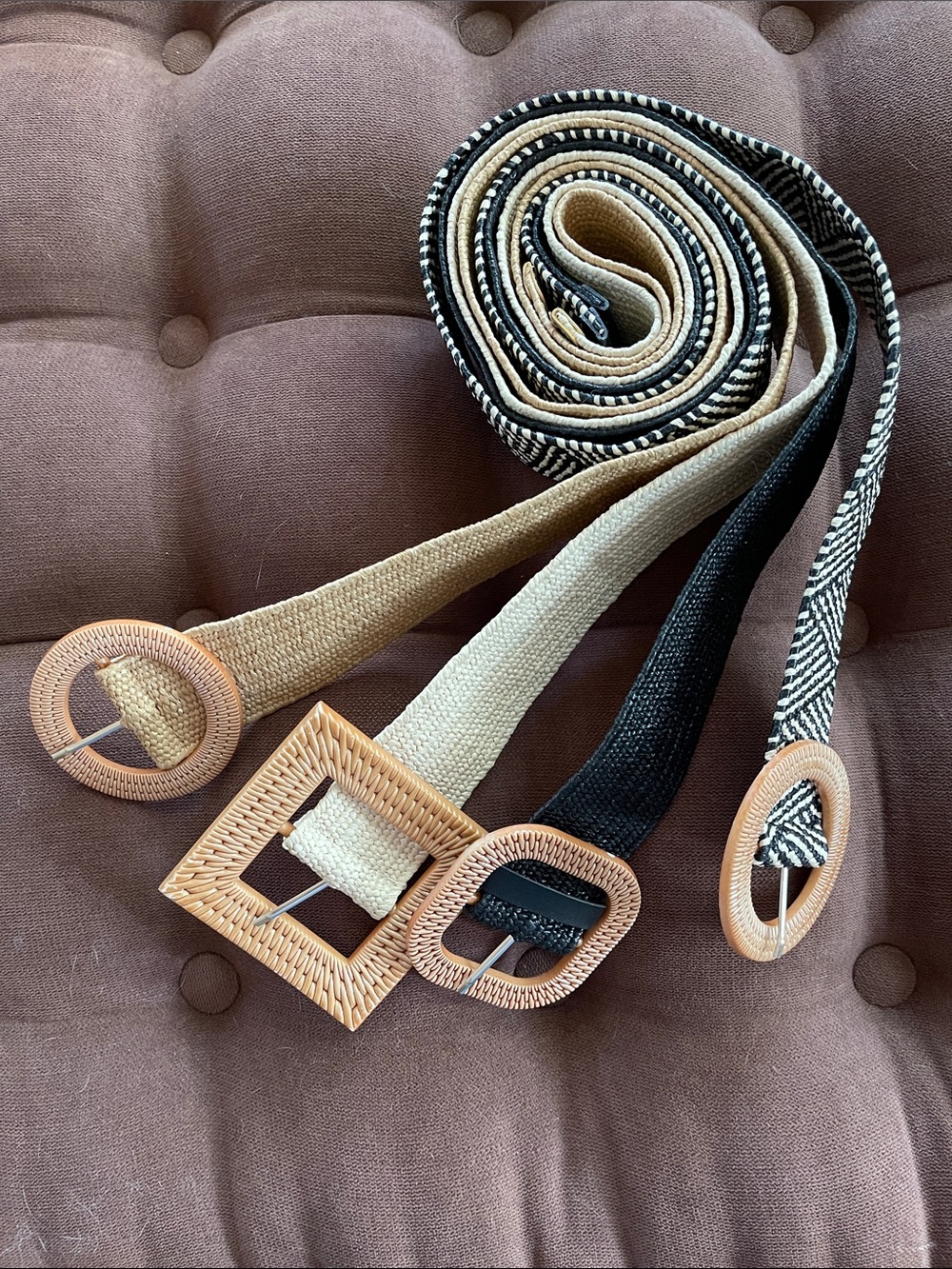 Woven Neutral Strap Belts with Rattan Buckles - Set of 4  New Size L